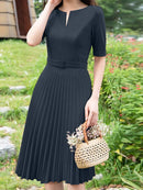 Summer Dress Women V-neck Short Sleeve Solid Pleated