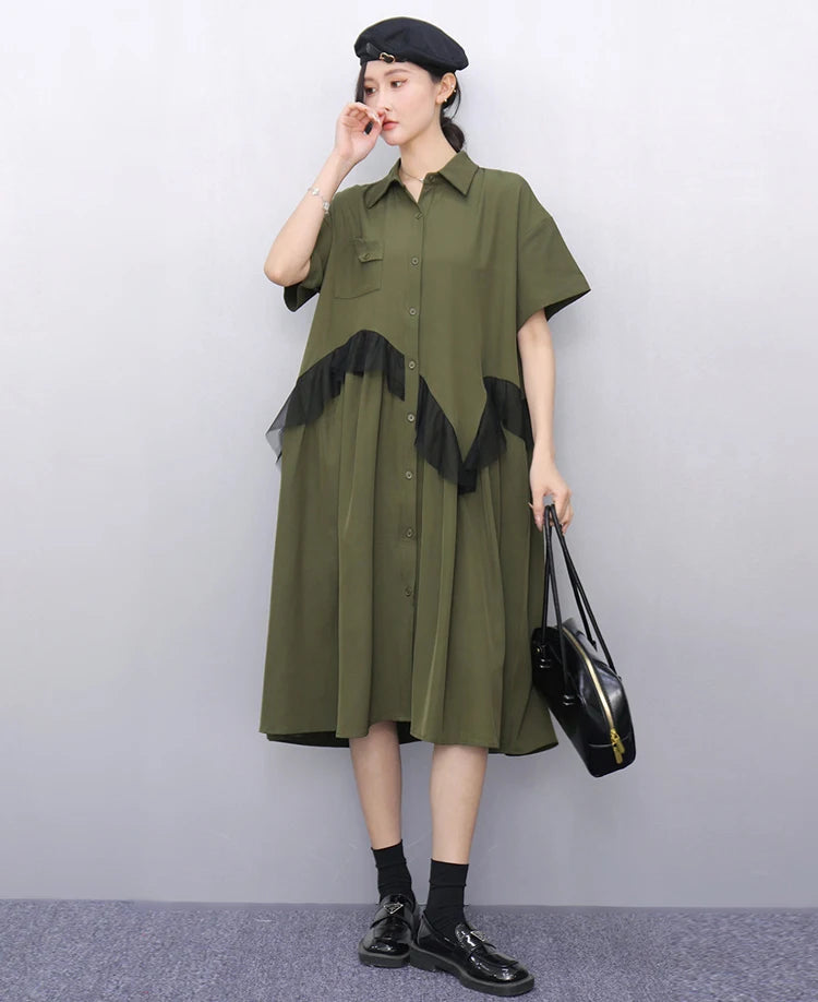 Mesh Ruffles Joined New 2025 Summer Woman Short-Sleeve Green Shirt Dress Loose Fit Tide Big Size Girls Casual Large Robe JKXD026
