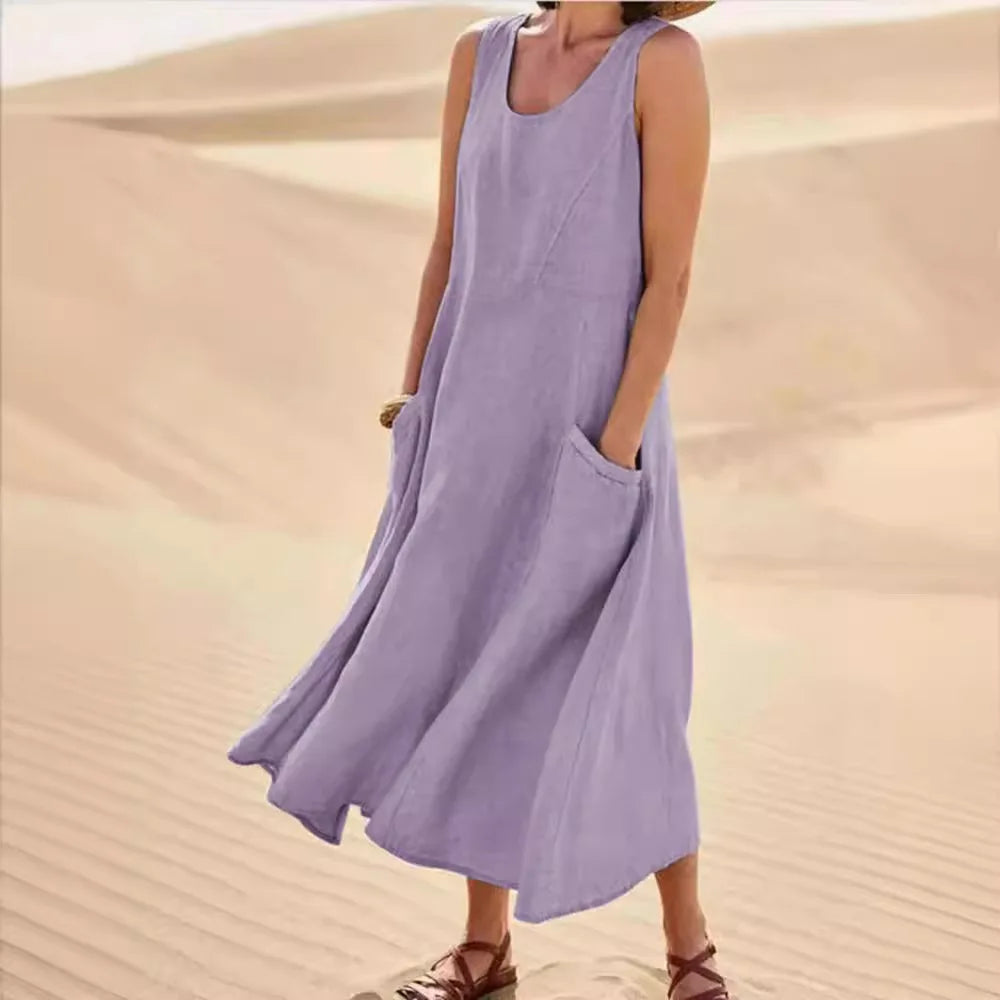 Women Linen Sundress Summer Female Sleeveless Double Big Pocket Loose Sand Beachwear Long Dress Oversized
