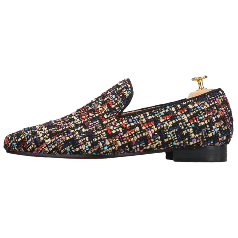 New Arrival Men's Red Sole Luxury Chain Style Slip-On Loafers Multicolored Gold Silk Weave Shoes Plus Size