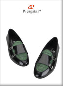 Piergitar Black Polished Leather Patchwork Green Crocodile Suede Men's Monk Shoes Handmade Slip-On Loafers For Wedding And Party