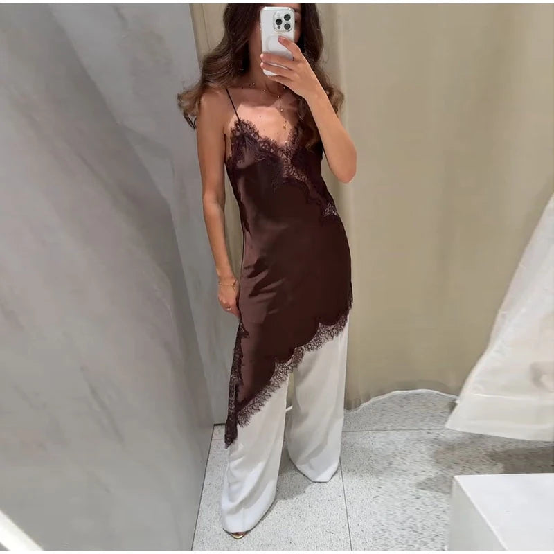 Sexy Sling Dress Women V Neck Hollow Out Backless Patchwork Lace