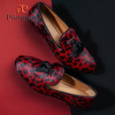 Piergitar Red And Black Animalier-Printed Superior Velvet Slippers With Handmade Silk Fringed Tassels Slip-On Men's Loafers