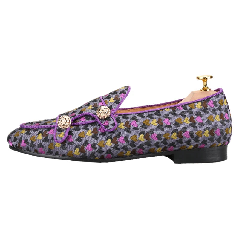 Men's slip-on monk shoes with gold buttons and a violet color silk heart jacquard, made by hand.