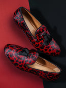 Piergitar Red And Black Animalier-Printed Superior Velvet Slippers With Handmade Silk Fringed Tassels Slip-On Men's Loafers