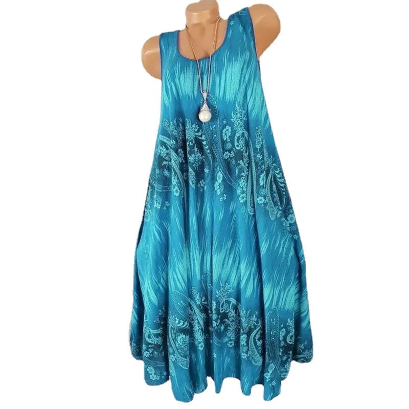Elegant Floral Printed Lace Stitching O-Neck Sleeveless Women Summer Loose Tank Dress 2024