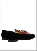 New Black Velvet Thread Dragon Print Satin Belgian Loafers for Men with Leather Tie Handcrafted Moccasin