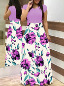 2023 European and American style floral print color matching long sleeved dress, long women's large swing skirt