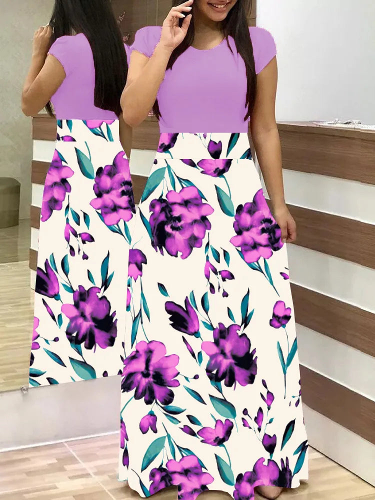 2023 European and American style floral print color matching long sleeved dress, long women's large swing skirt