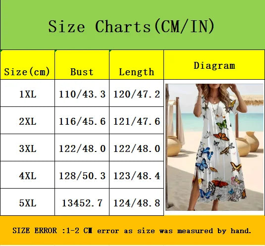Elegant Summer Plus Size V-Neck Butterfly Print Dress - Split Hem Short Sleeve Women's Fashion