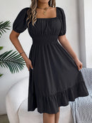 2024 New Fashion Solid Puff Sleeve Square Neck Ruched Bust Ruffle Hem Wasit Dress, Women's Clothing