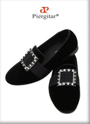 Piergitar Black And Silver Rhinestones Square Buckles Men Velvet Shoes For Wedding Or Party Handmade Slip-On Loafers Plus Size