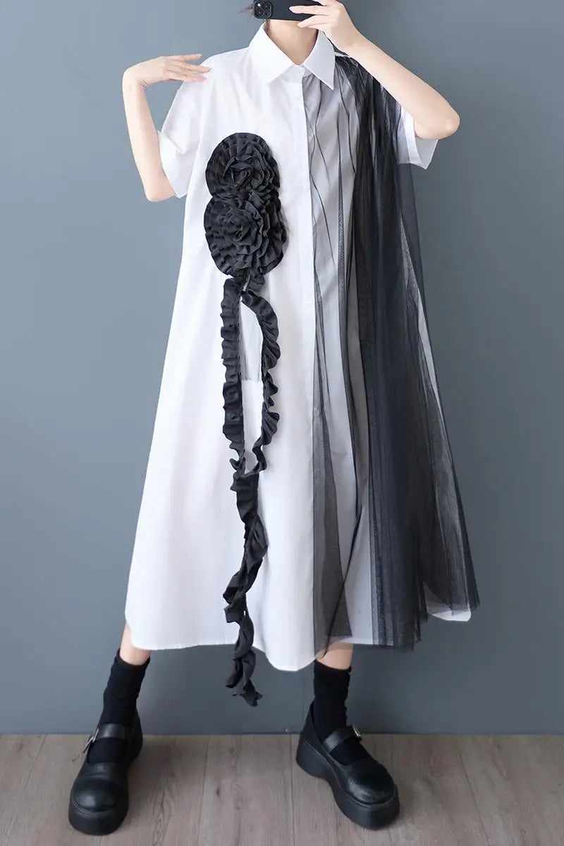 Short Sleeve V Neck Asymmetrical Smock Midi Dress