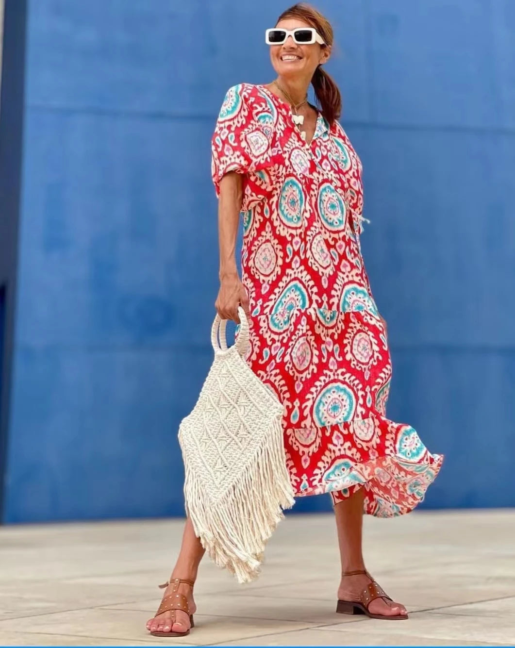 Women Dress Summer Puff SleeveBoho V Neck Printing Long Dress LooseHoliday Beach Female Casual FloralDresses Party Vestidos