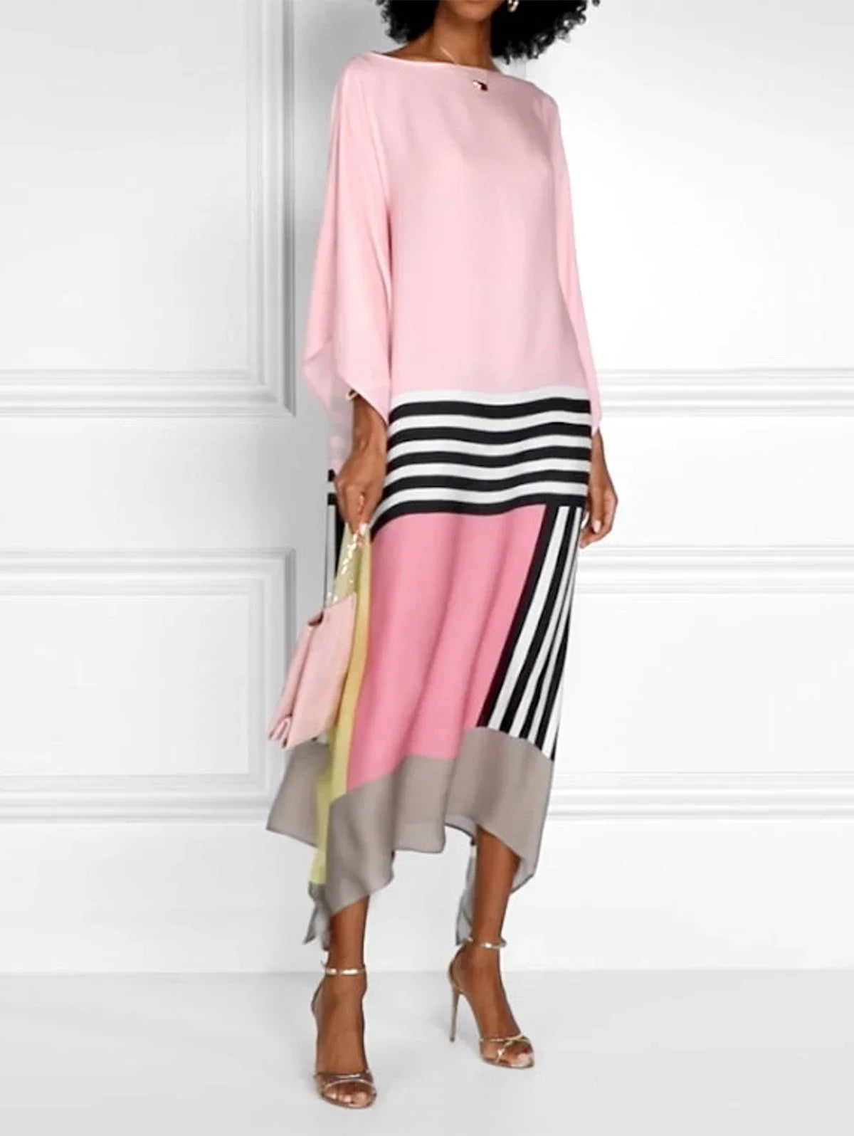 Retro Striped Print Patchwork Irregular Dress Women Spring Batwing Sleeve Loose Long Dress Summer Sexy Crew Neck Boho Maxi Dress