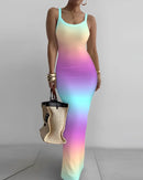 Gradient Printed Long Dress Summer New Women's Fashionable Printed Sexy Sleeveless Suspender Slim Fit Hip Hugging Long Dress