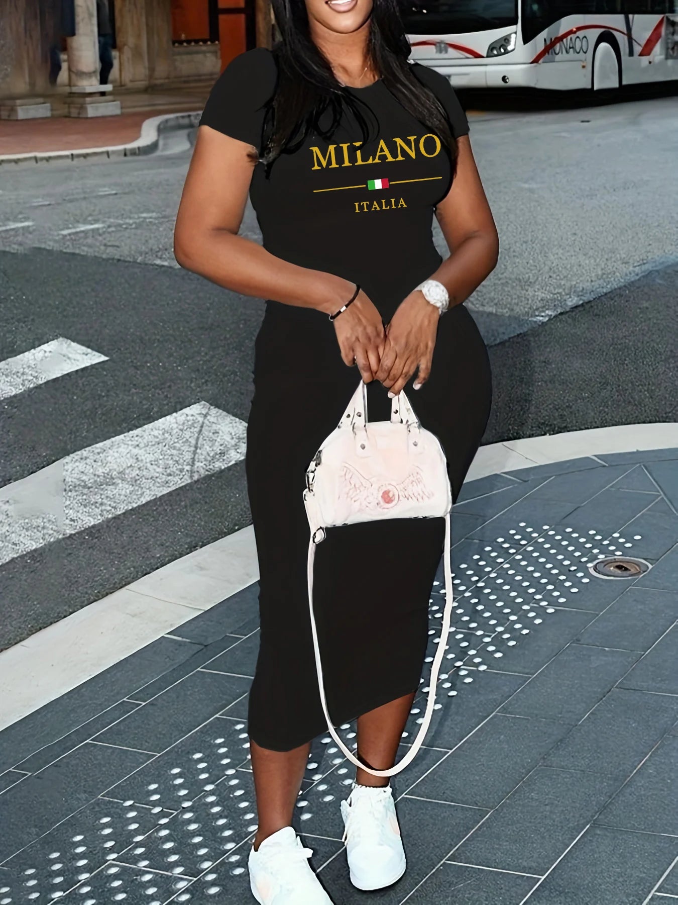 Ladies' Summer Fashion MILANO ITALIA Letter Pattern Printed Round Neck Short Sleeve Casual Slimming Sexy Fashion Dress