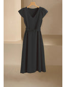 2024 Spring Summer Women's V-Neck Midi Dress Soft Stretch Office Casual Chic Solid Color No Belt Included