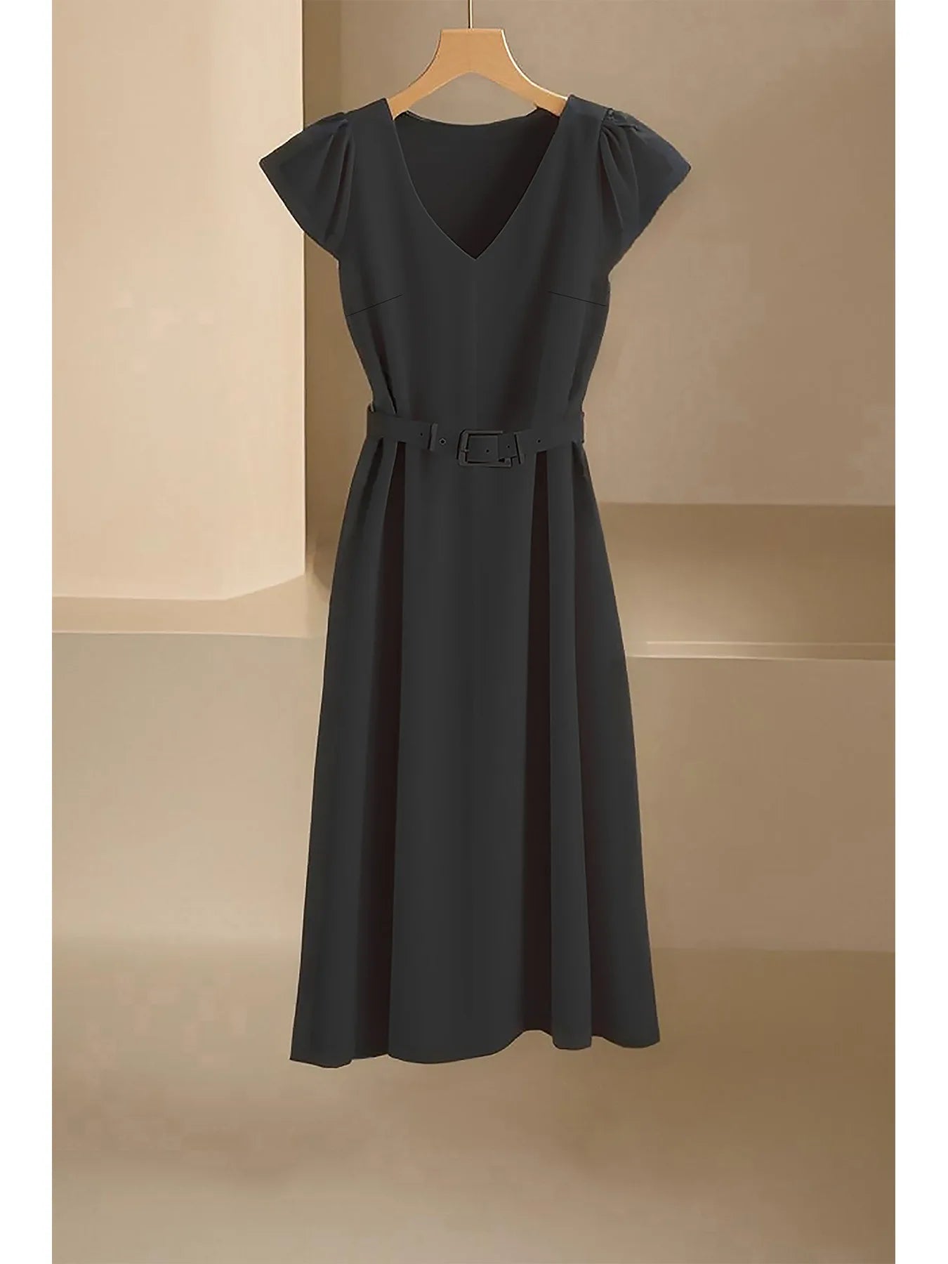 2024 Spring Summer Women's V-Neck Midi Dress Soft Stretch Office Casual Chic Solid Color No Belt Included