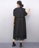 Lace Joined Loose Fit Korean Style Woman 2025 Summer Round Neck Short-Sleeve Black Pullover Dress Gorgeous Big Size Robe JKXD008