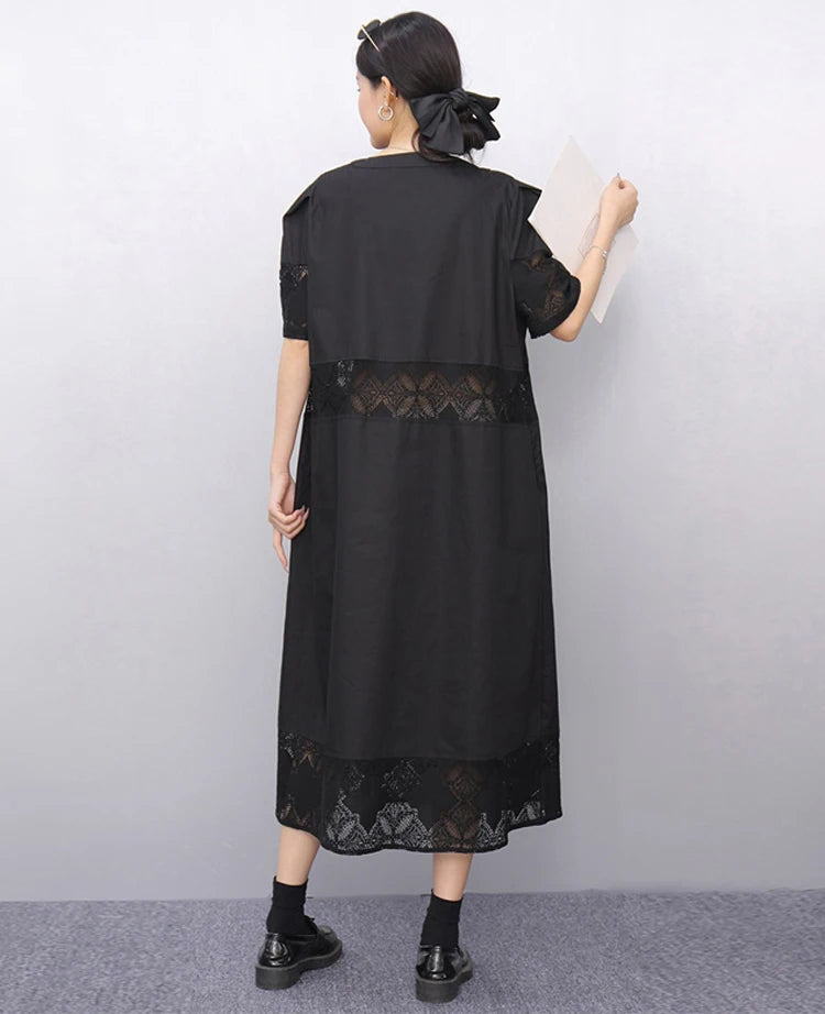 Lace Joined Loose Fit Korean Style Woman 2025 Summer Round Neck Short-Sleeve Black Pullover Dress Gorgeous Big Size Robe JKXD008