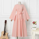 Long-sleeved Muslims Dubai Abayas Fashion O-neck Dress for Women Spring Solid Color Casual Robe Female Islam Clothes with Belt