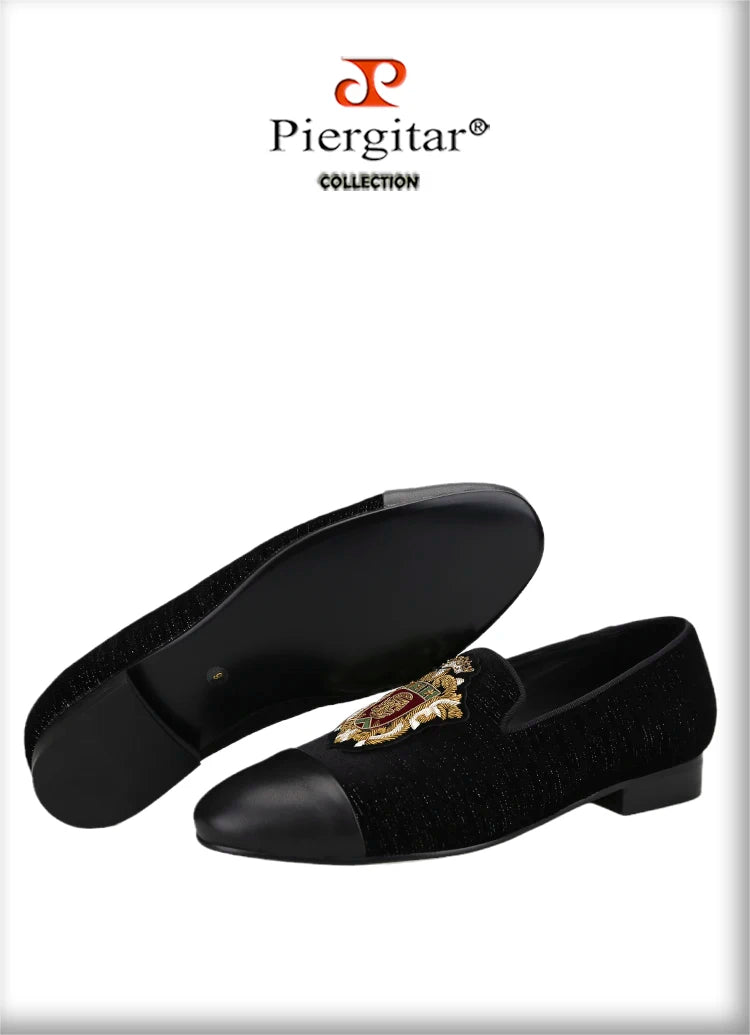 Piergitar 2022 New British Style Retro Embroidered Patch Men's Loafers Handmade Leather Stitching Velvet Moccasins Slip-On Shoes