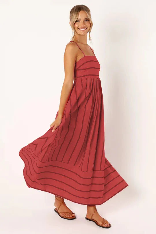 Spring And Summer Striped Vest Backless Large Swing New Dress For Women, Collarless And Sleeveless Oversized Swing Dress