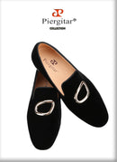 Piergitar Black Velvet Classic Men's Loafers For Fashion Party And Wedding Circle Metal Buckles Slip-On Flats Red Color Outsoles