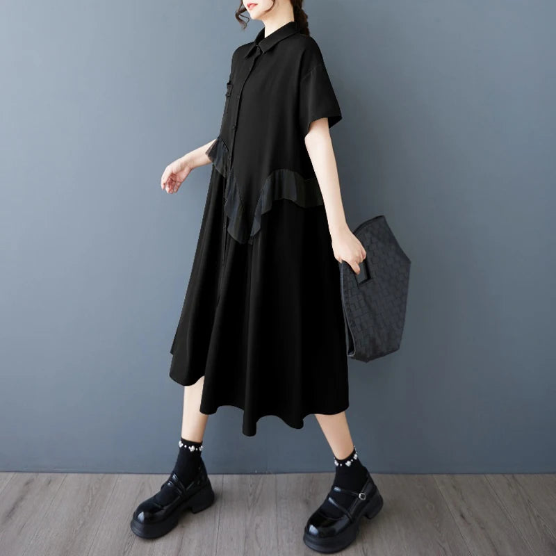 Mesh Ruffles Joined New 2025 Summer Woman Short-Sleeve Green Shirt Dress Loose Fit Tide Big Size Girls Casual Large Robe JKXD026