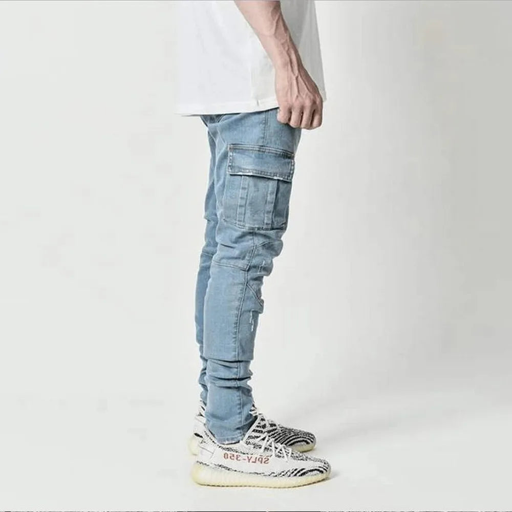 Men Solid Color Multi Pockets Casual Mid Waist Trousers