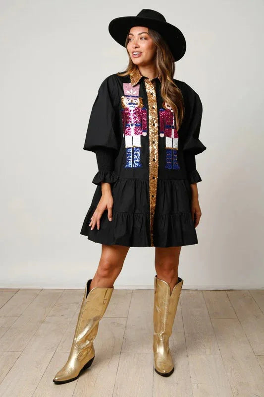 Women Long Sleeve Sequin Shirt Dress