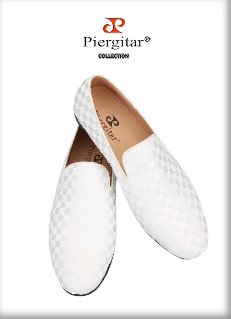 Piergitar 2022 Four Colors Checkerboard Print Silk Handmade Men's Loafers Classic British Style Man Smoking Slippers For Party