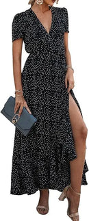 2025 Summer Women's Short-sleeved Dress V-neck Floral High Waist Slim and Stylish Bohemian Pleated Long Skirt
