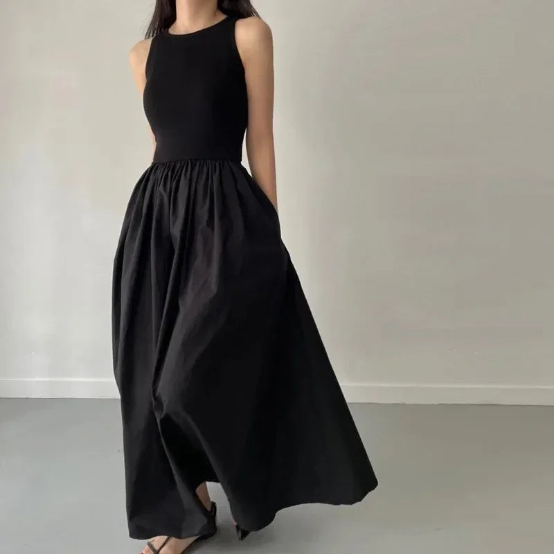 Simple Elegant Long Black Dresses For Woman Round Neck Sleeveless Low Waist