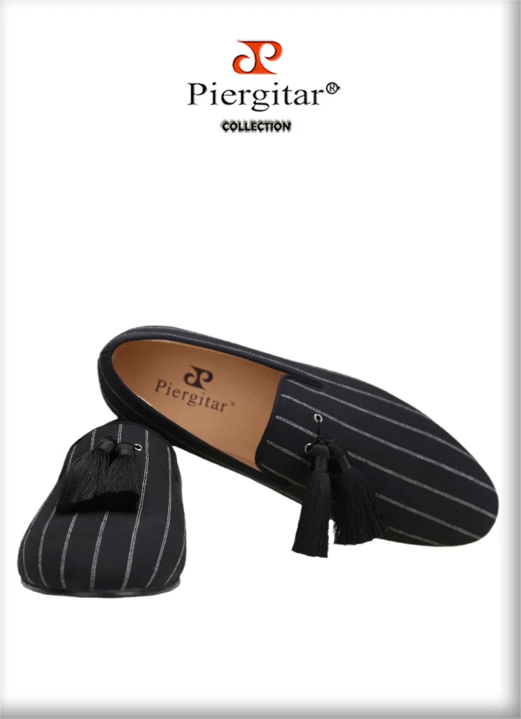 Piergitar 2022 New Striped Design Oxford Fabric Men Slip-On Shoes Handmade Tassel Men's Loafers Classic Male Smoking Slippers