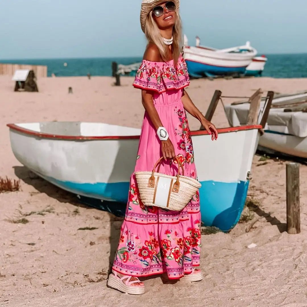 2024 Spring/Summer New Women Retro Fashion One Shoulder Red Flower Printed Waist Collection Long Style Large Swing Casual Dress