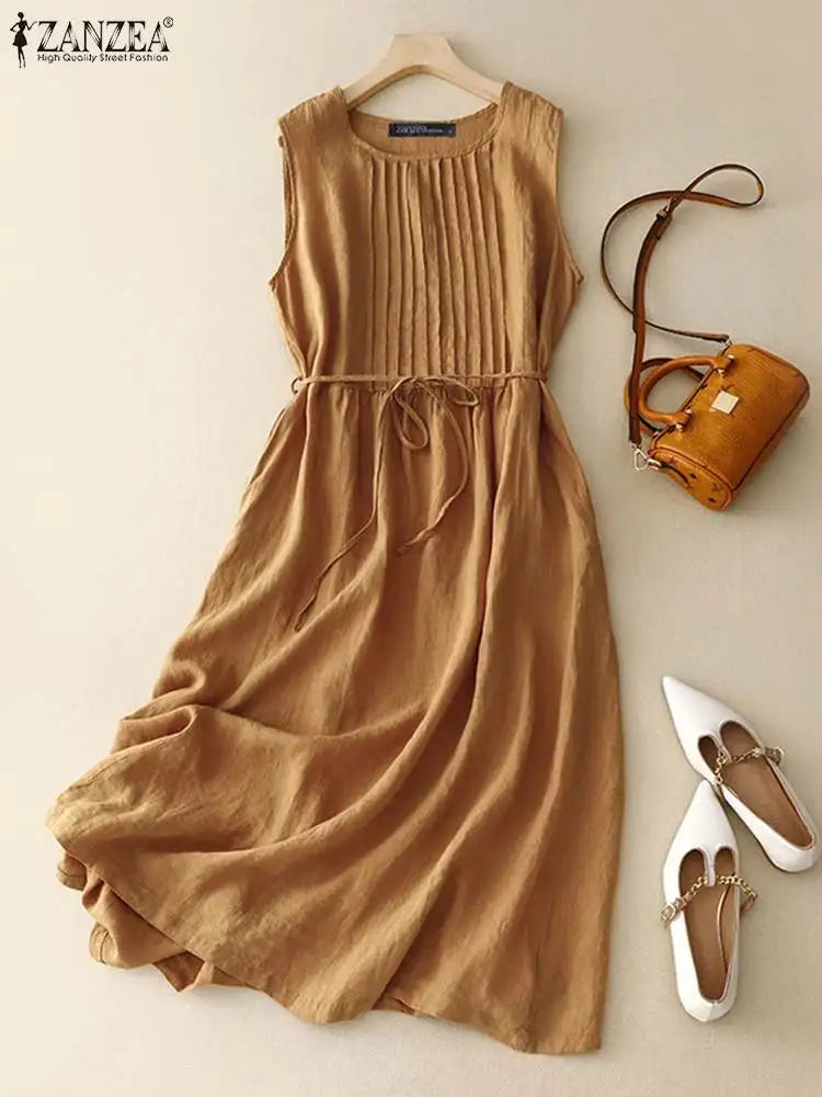 ZANZEA Women Round Neck A-lin Midi Dress Korean Casual Tank Robe Casual Solid Pleated Vestidos 2024 Summer Sleeveless Sundress