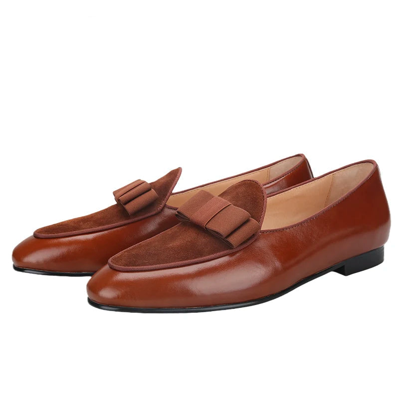 Men's formal shoes for wedding and prom in brown suede slip-ons with matching color bows made from patchwork leather.