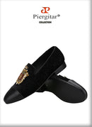 Piergitar 2022 New British Style Retro Embroidered Patch Men's Loafers Handmade Leather Stitching Velvet Moccasins Slip-On Shoes