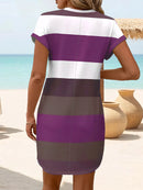 Chic Plus Size Dress: Elegant Stripes, Roll-Up Sleeves, Pockets - Comfortable & Casual Women's Dress