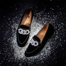 Piergitar Black Velvet Slippers With Matching Gros-grin Piping And Chain-Shaped Allover Crystals Handmade Slip-On Men's Loafers