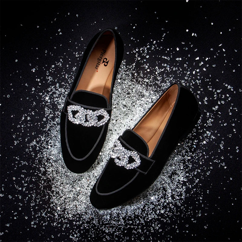 Piergitar Black Velvet Slippers With Matching Gros-grin Piping And Chain-Shaped Allover Crystals Handmade Slip-On Men's Loafers
