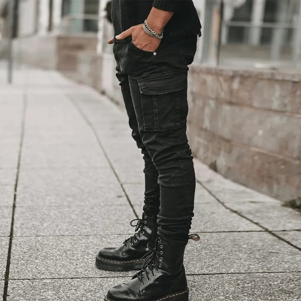 Men Solid Color Multi Pockets Casual Mid Waist Trousers
