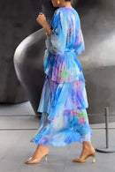 2025 Summer New Elegant Women's Chiffon Dress Fashionable Printed V-neck Short-sleeved Layered Ruffle Loose Lace-up Long Skirt