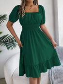 2024 New Fashion Solid Puff Sleeve Square Neck Ruched Bust Ruffle Hem Wasit Dress, Women's Clothing