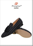 Piergitar 2022 New Striped Design Oxford Fabric Men Slip-On Shoes Handmade Tassel Men's Loafers Classic Male Smoking Slippers