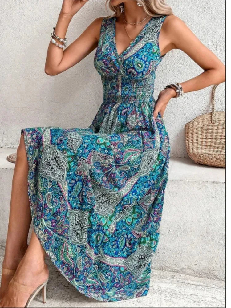 Summer Boho Print Women Sleeveless Beach Party Dresses