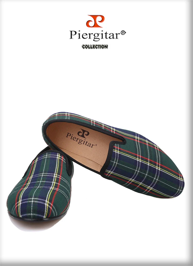 Piergitar 2023 New Red And Green Classic Scottish Plaid Men's Loafers For Party Handmade Slip-On Moccasins Leather Insole