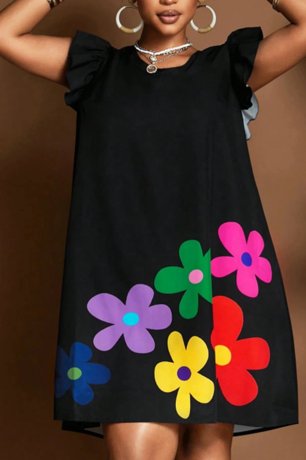 Women's Plus-Size Mini Dress Round Neck Floral Print